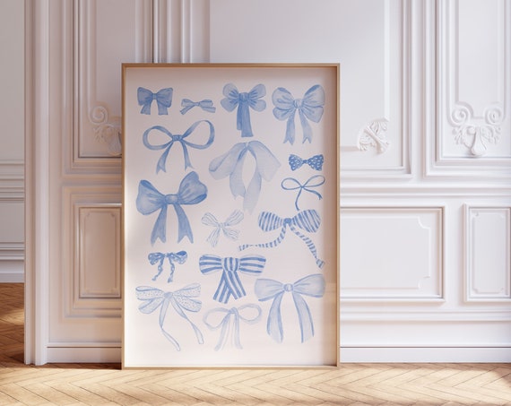 Blue Bows Ribbon Art Print, Trendy Aesthetic Decor