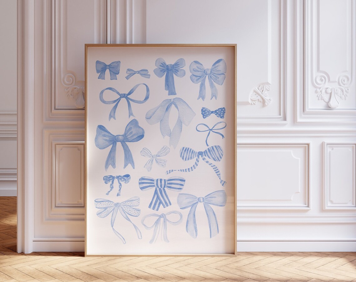 Blue Bows Ribbon Art Print, Trendy Aesthetic Decor