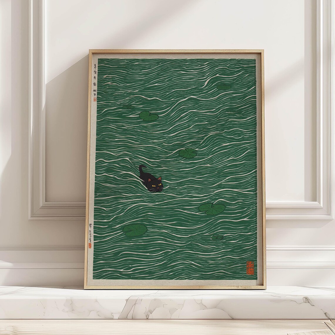 Japanese Black Cat Swimming Art Print, Minimalist Ukiyoe