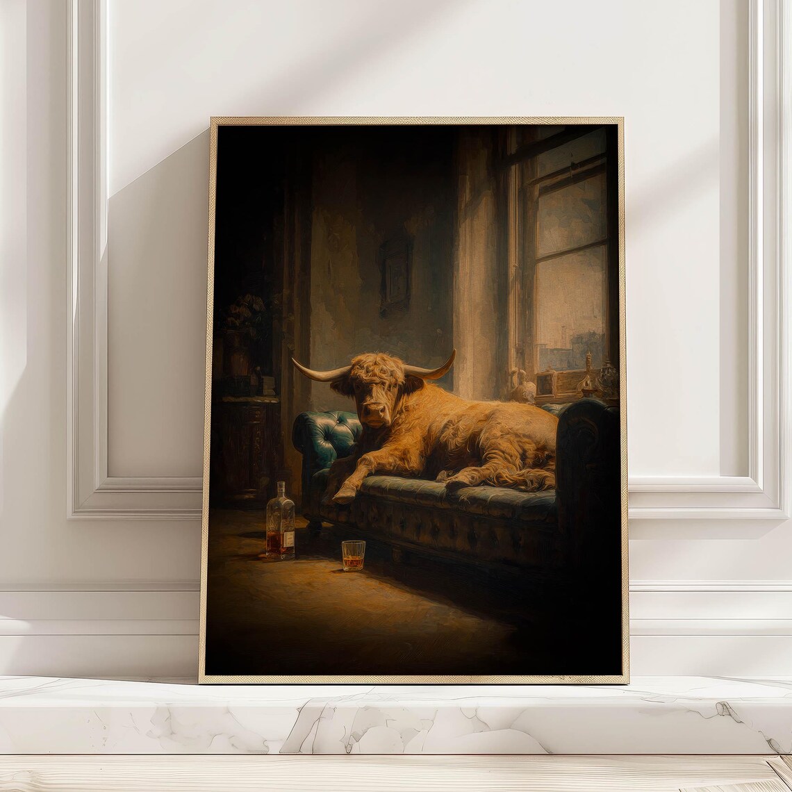 Vintage Highland Cow Art Print, Rustic Whiskey Lounge