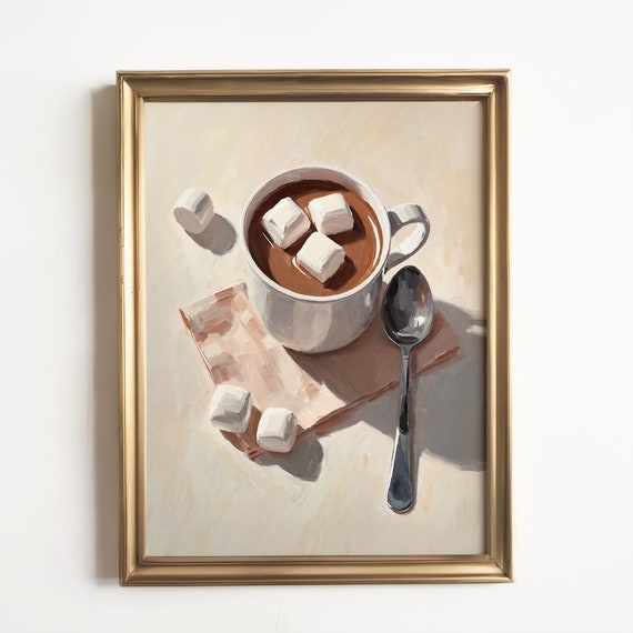 Hot Chocolate And Marshmallows Canvas Print Cozy Cute Modern Still Life Oil Painting Holiday Gift Warm Winter Kitchen Wall Decor
