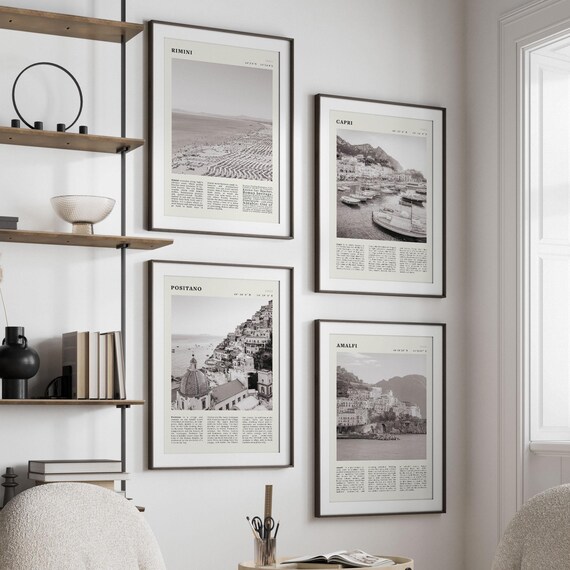 Italy Coast Quartet Rimini Capri Positano Amalfi Black and White Gallery Wall Art
