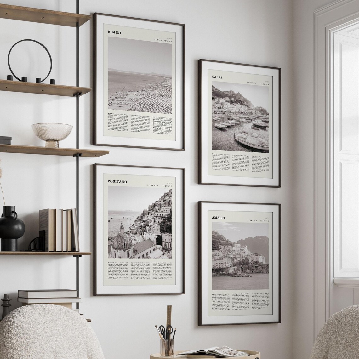 Italy Coast Quartet Rimini Capri Positano Amalfi Black and White Gallery Wall Art