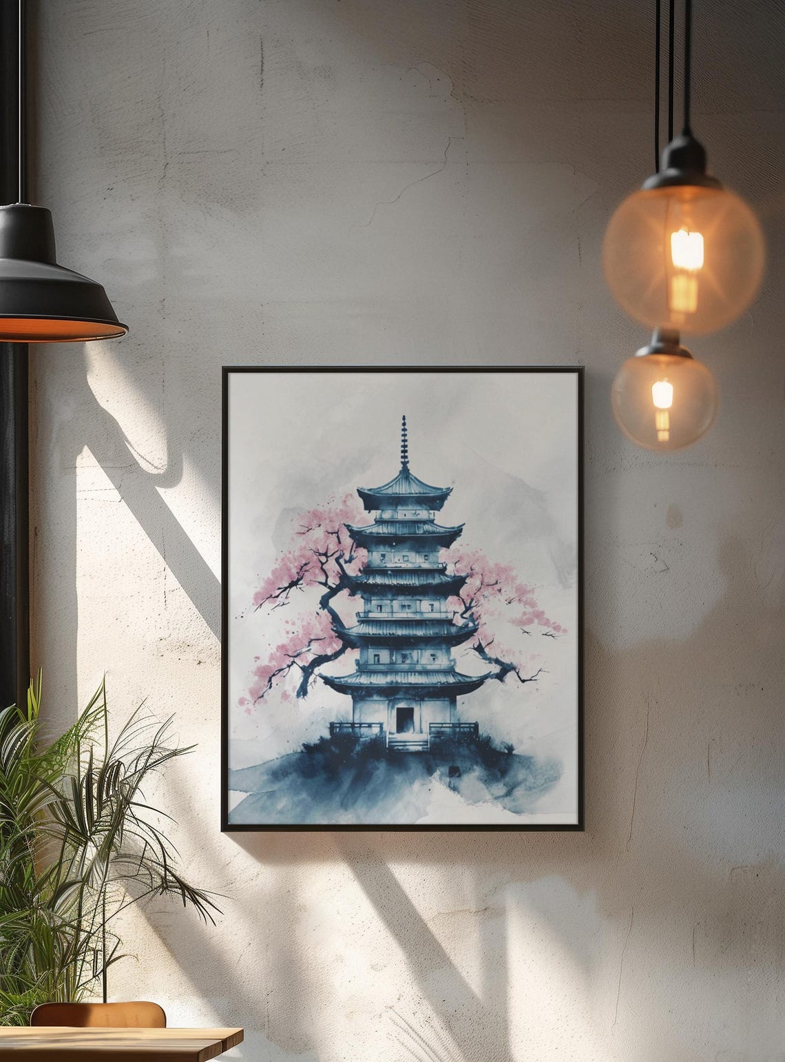 Minimalist Japanese Pagoda, Cherry Blossom Ink Painting - Image 2