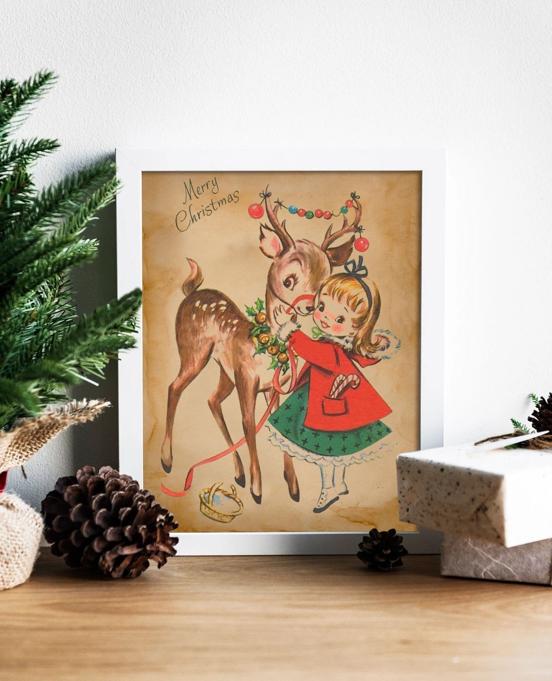 Merry Christmas Girl Hugging Reindeer Vintage Holiday Poster