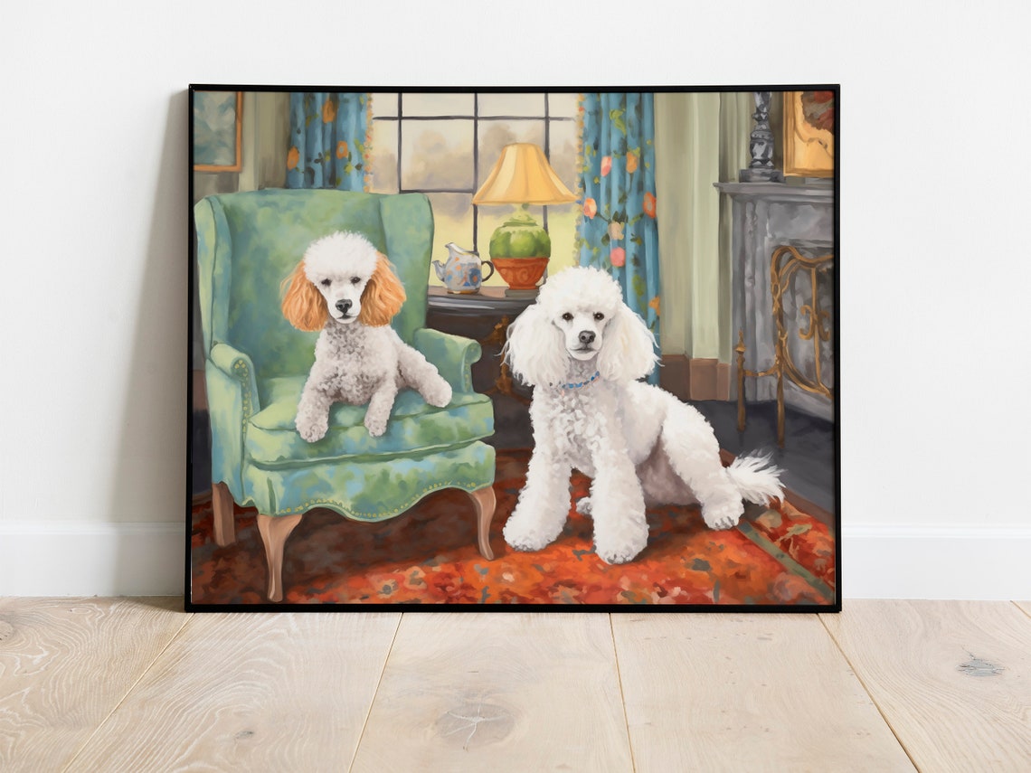 Two White Poodles Cozy Living Room Elegant Dog Portrait Wall Print