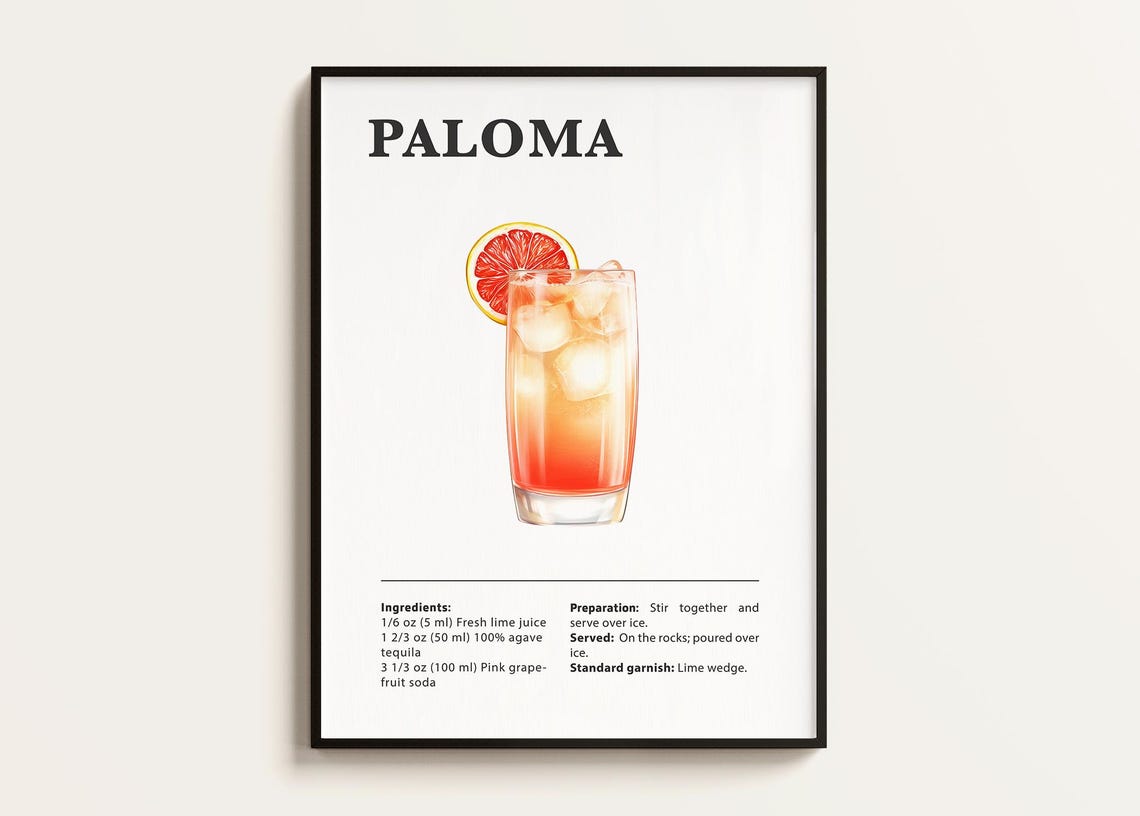 Paloma Recipe Cocktail Print, Bar Kitchen Art