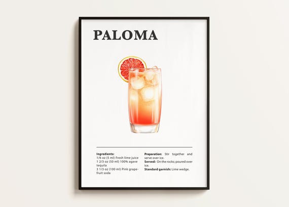 Paloma Recipe Cocktail Print, Bar Kitchen Art
