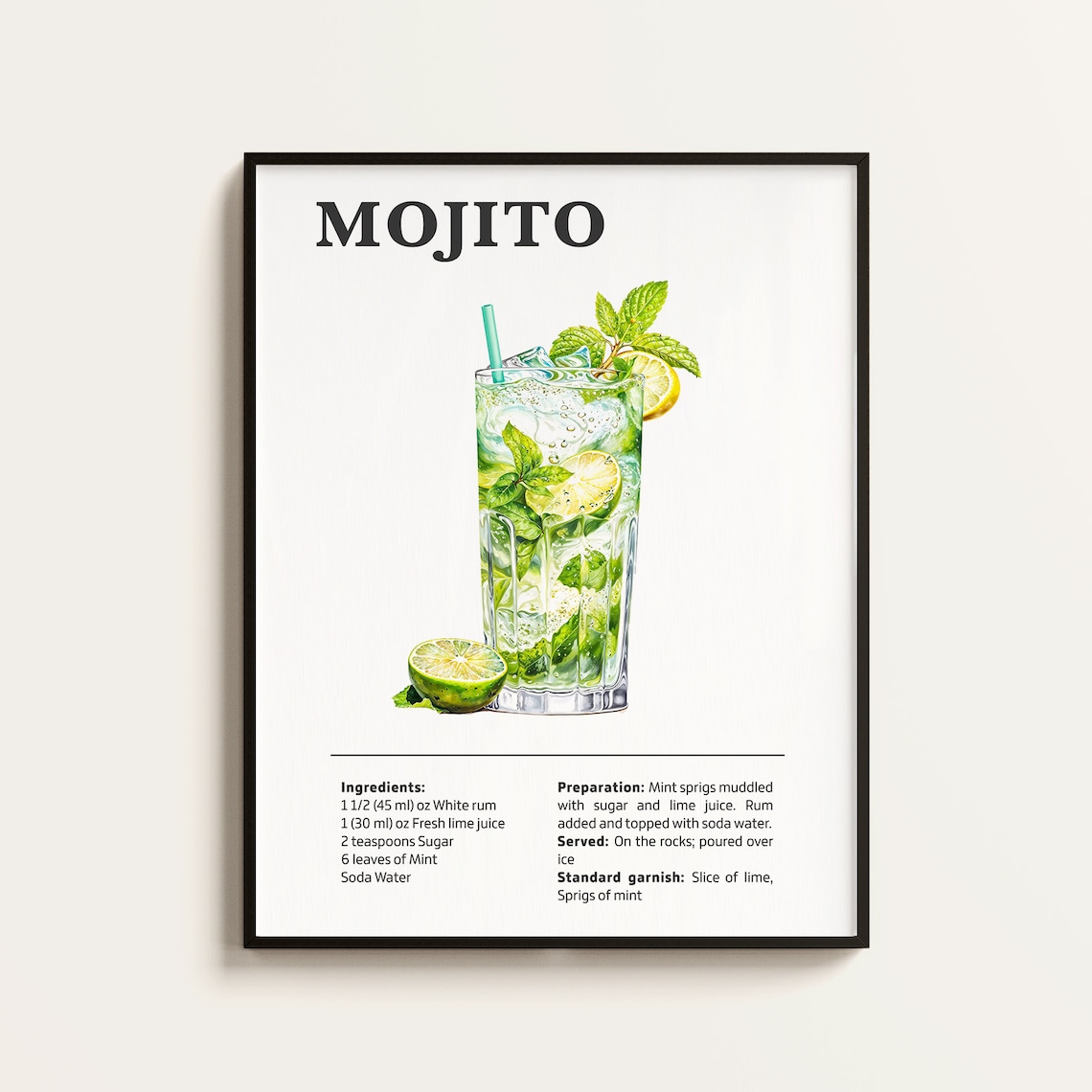 Mojito Recipe Cocktail Poster, Bar Kitchen Art