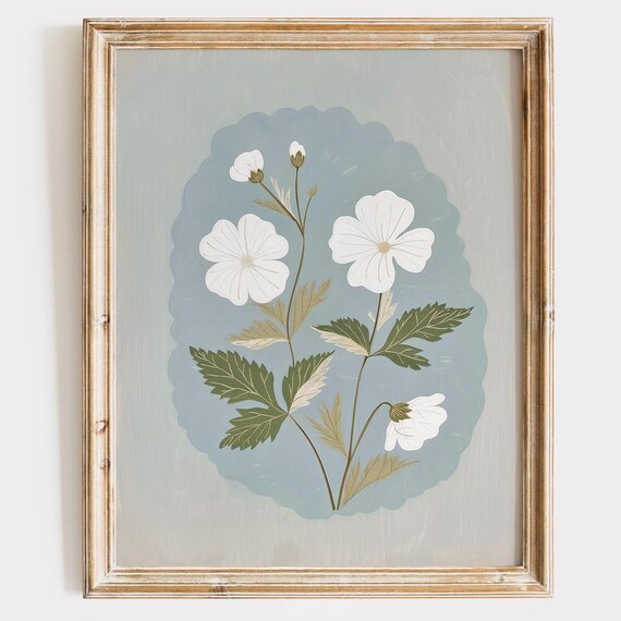 White Scalloped Flower Botanical Art on Muted Blue Background Poster