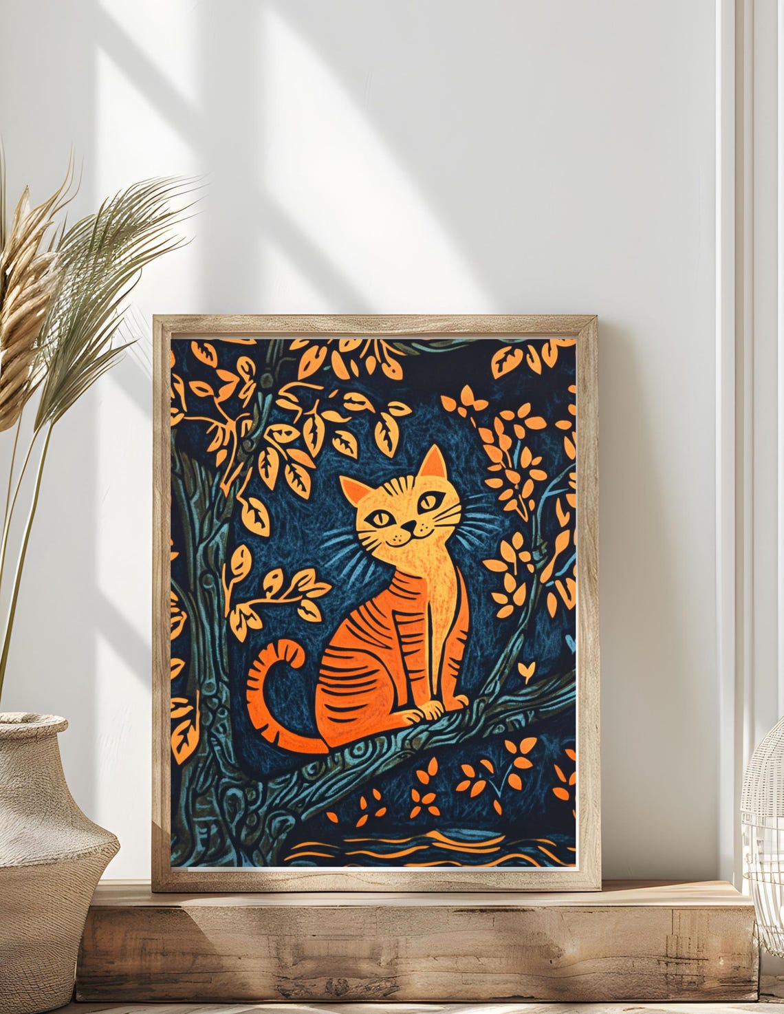 Orange Tabby Cat Woodcut Forest Style Dark Blue Nature Art Poster