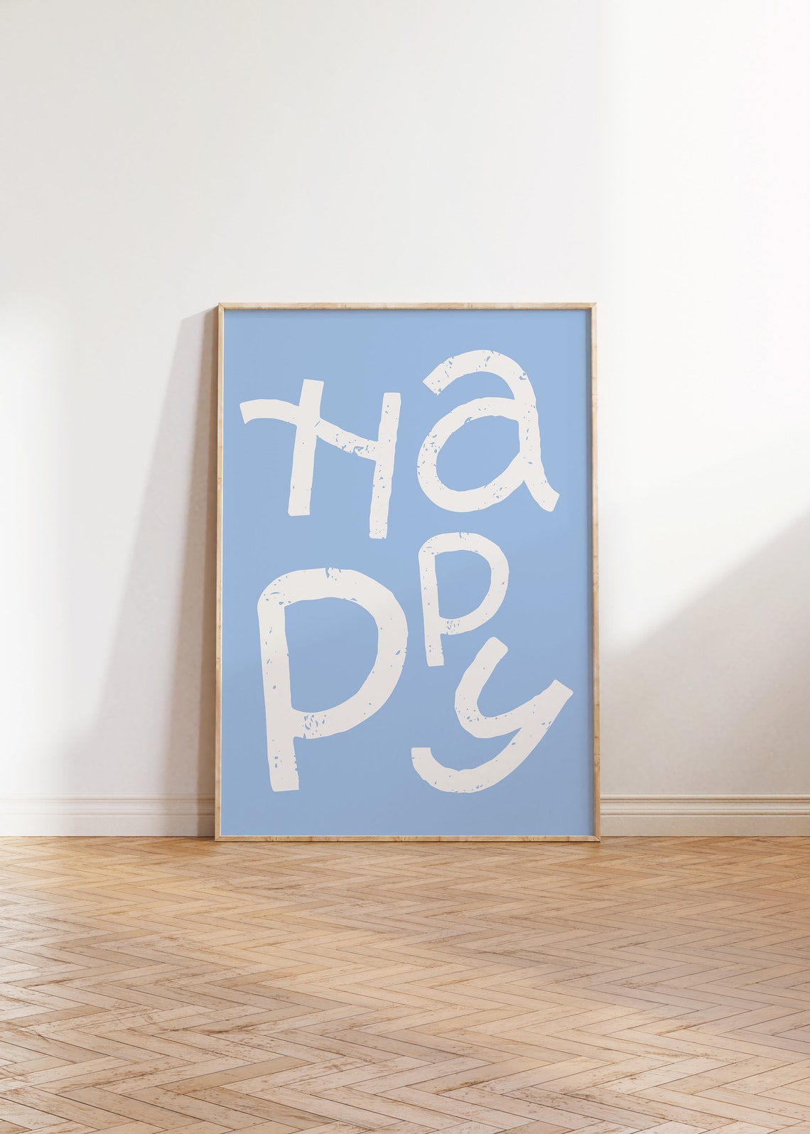 HAPPY White Hand Lettered Typography on Blue Positive Art Poster
