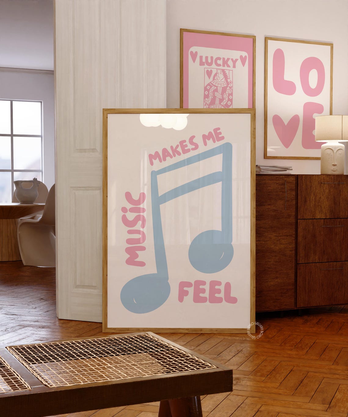 Music Makes Me Feel Blue Note Pink Retro Typography Music Poster