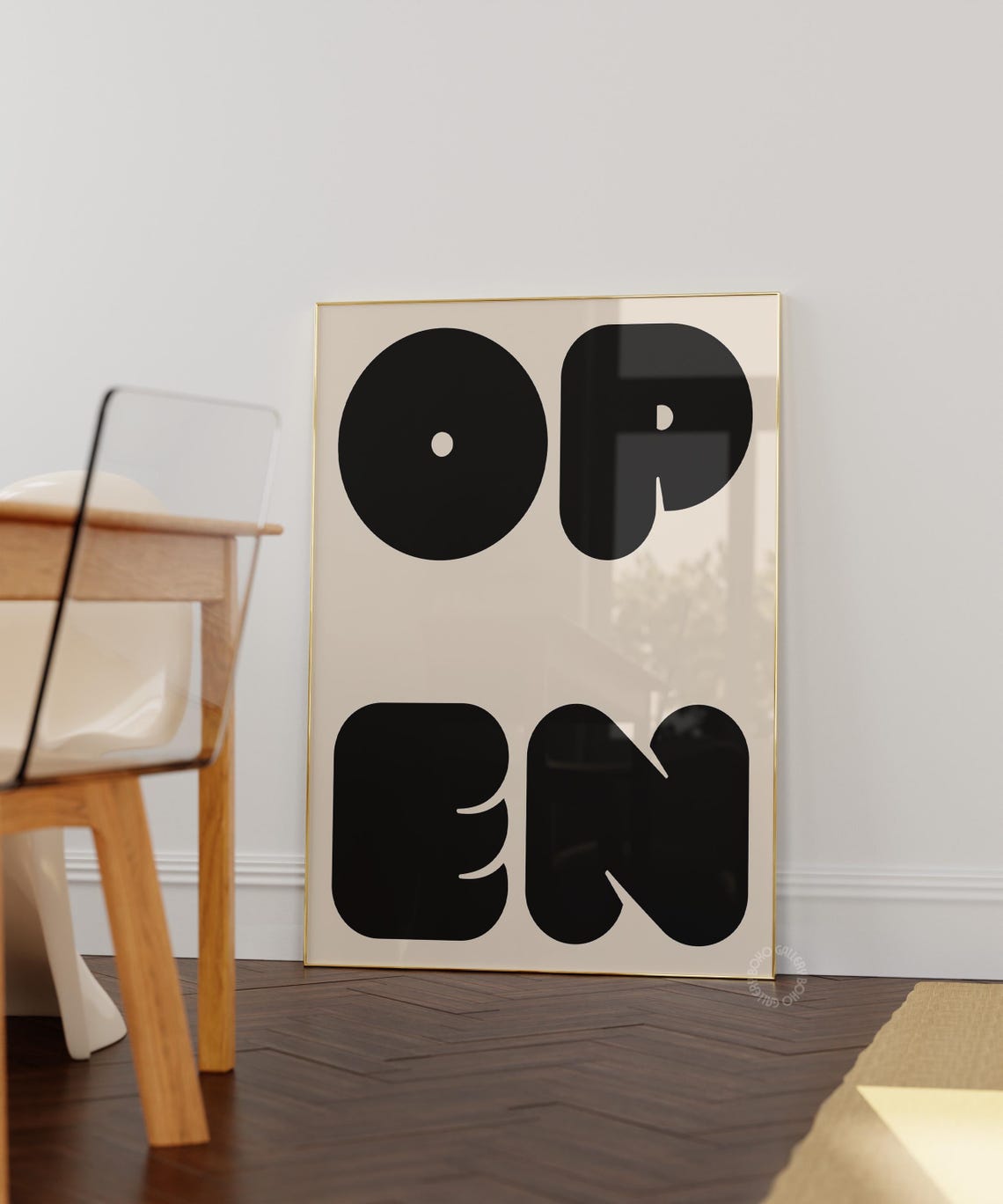 OPEN Bubble Letter Typography Poster Cream Black Minimal Decor - Image 3