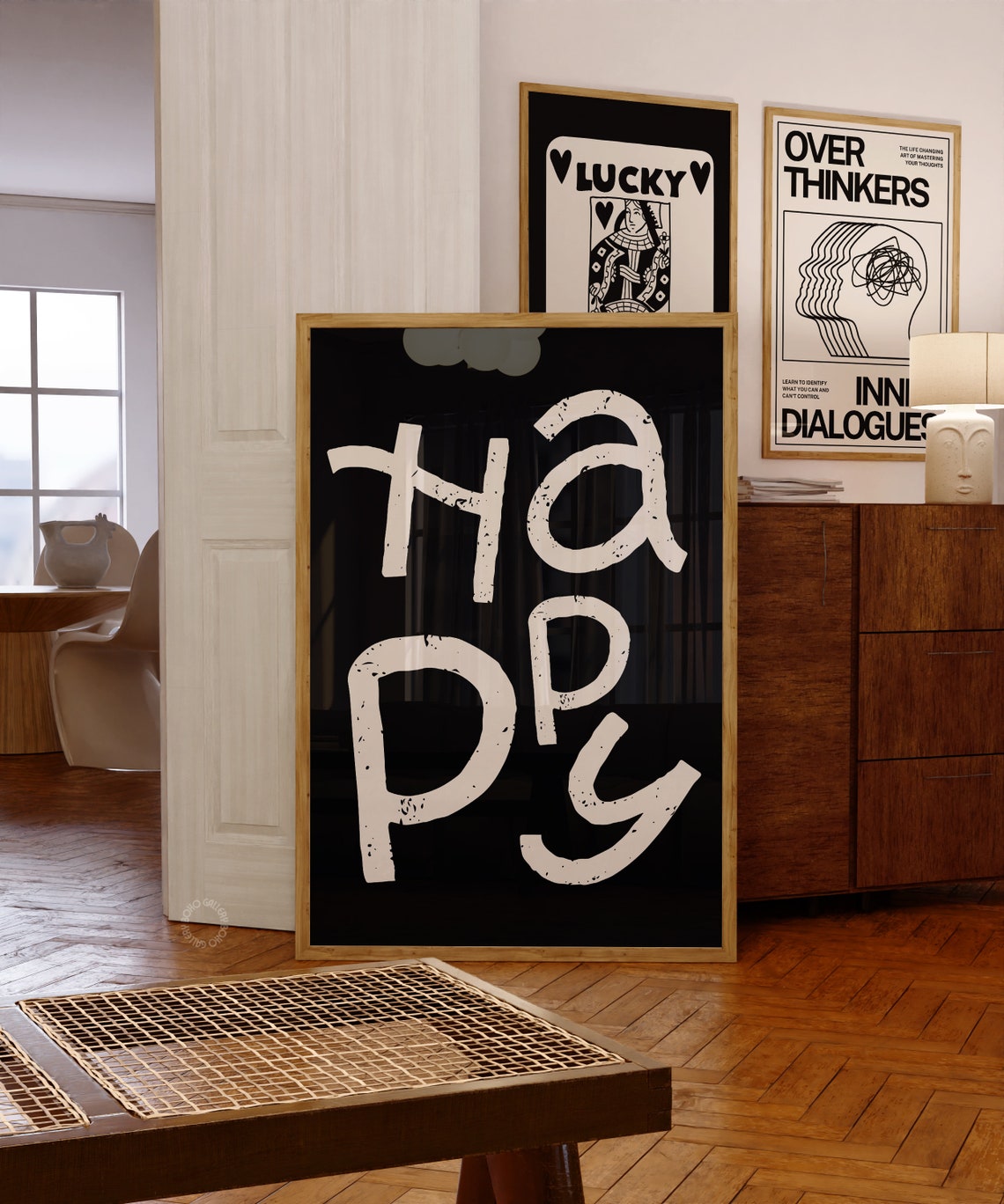 HAPPY White Hand Lettered Typography On Black Background Art Poster