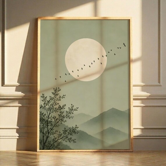 Japandi Landscape Print Sage Green Moon Birds Mountains Wall Art Digital Download