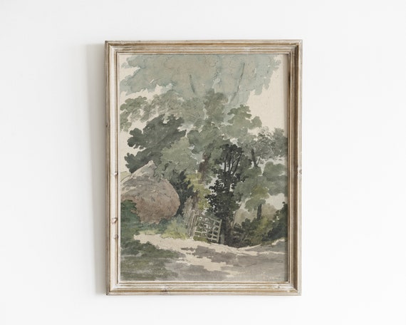 Neutral Green Wall Art Print Vintage Tree Painting Rustic Landscape Painting Living Room Art