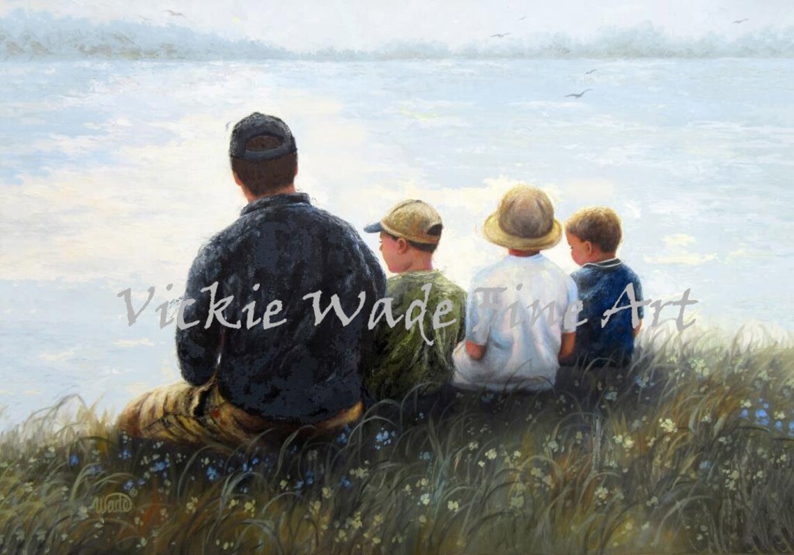 Father And Three Sons By Lake, Family Art Print