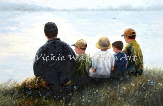 Father And Four Sons At Lake Art Print Sitting By Lake Four Brothers Dad Four Sons Talking Dad And Four Boys Vickie Wade Art
