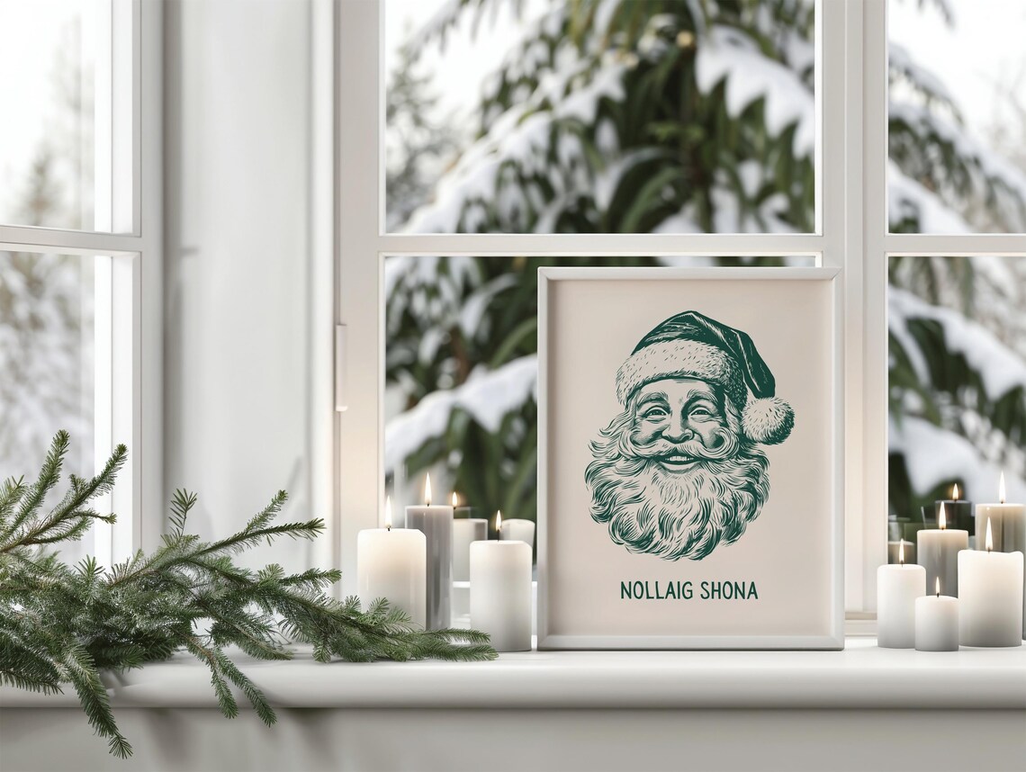 Nollaig Shona Green Vintage Santa Face Irish Christmas Engraving Poster - Image 2