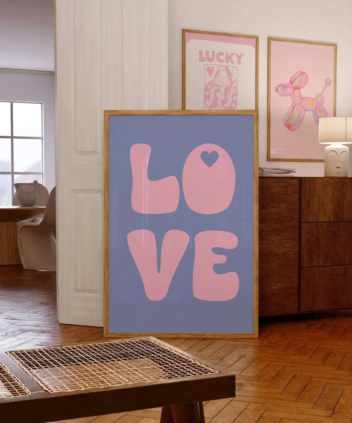 Pink LOVE Retro Bubble Typography Poster on Lavender Purple Background