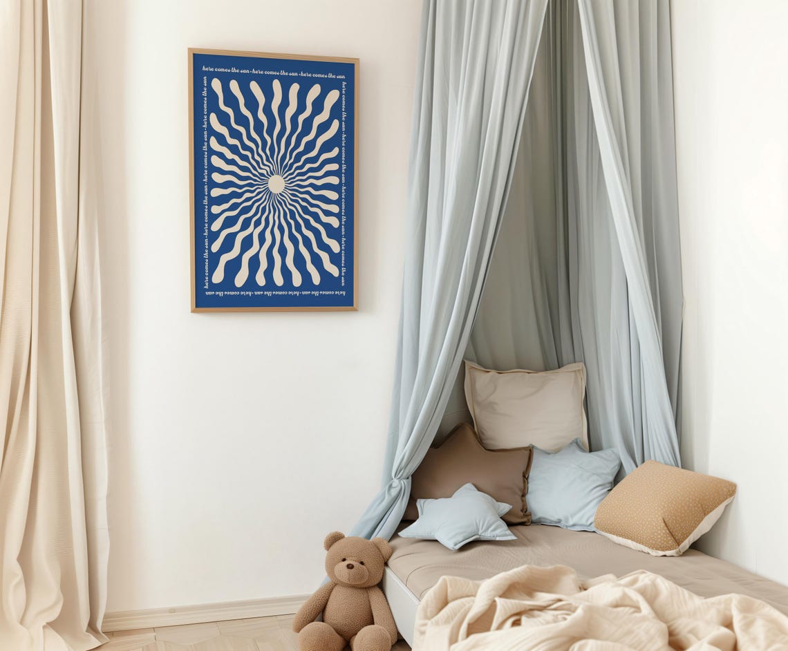 Here Comes The Sun Navy Blue Retro Sunburst Lyric Quote Poster - Image 3