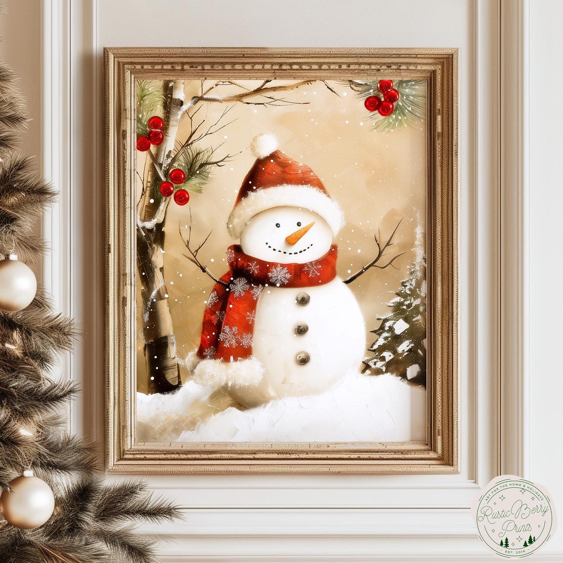 Cheerful Snowman Red Santa Hat Scarf Vintage Winter Holiday Art Poster