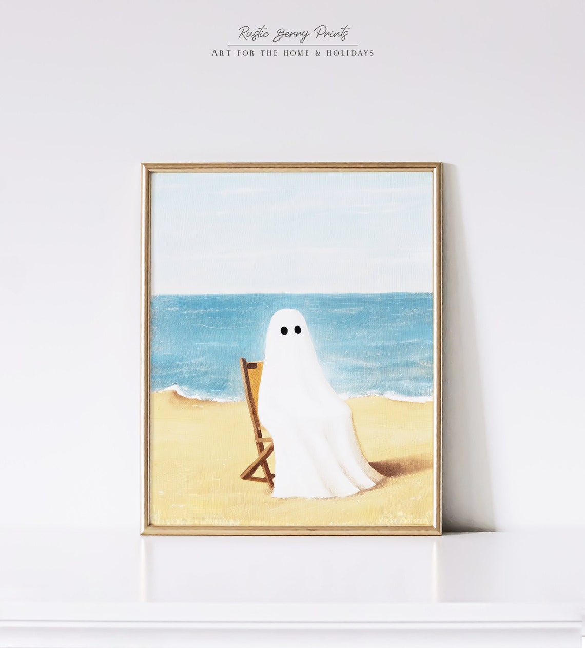 Ghost Relaxing On Beach Chair By Ocean Minimalist Summer Wall Art