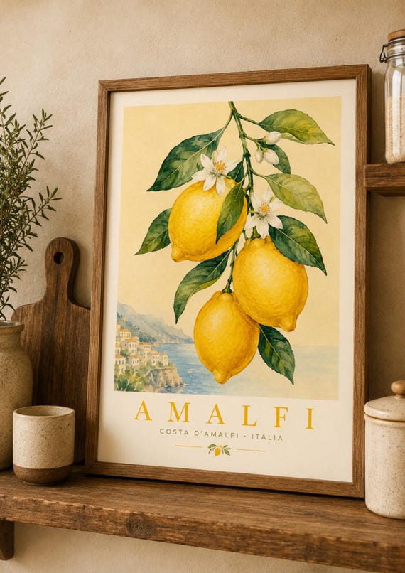 Amalfi Lemon Wall Art Print Coast Italy Poster Vintage Italian Citrus Decor Mediterranean Kitchen Artwork