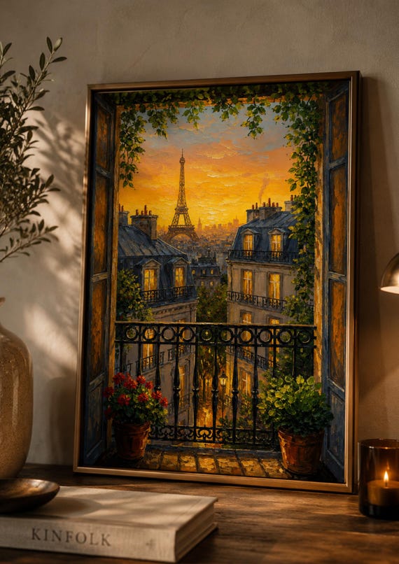 Paris Wall Art Eiffel Tower Poster Sunset Print French Cityscape Artwork Romantic Balcony Decor