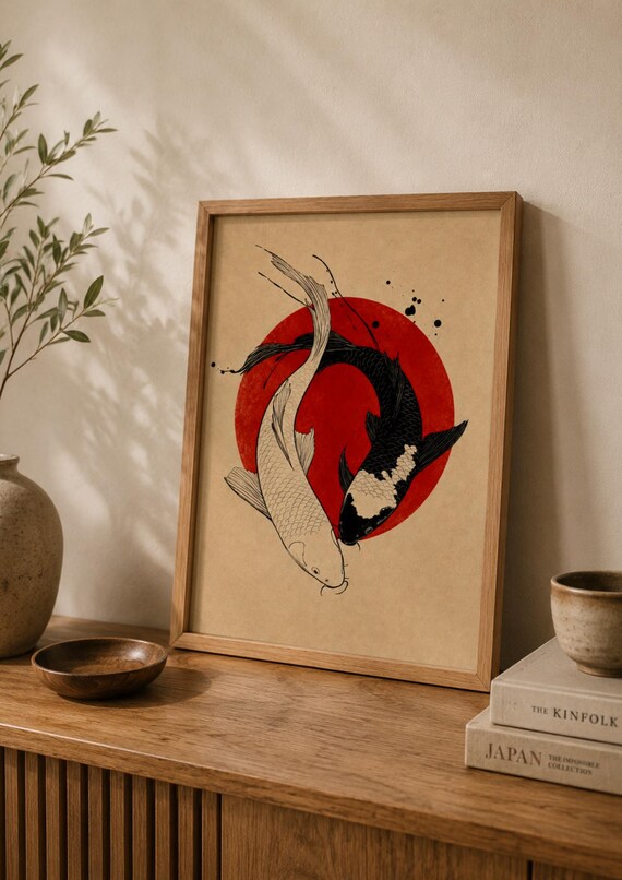 Koi Fish Wall Art Print Japanese Yin Yang Poster Zen Artwork Asian Decor Japandi