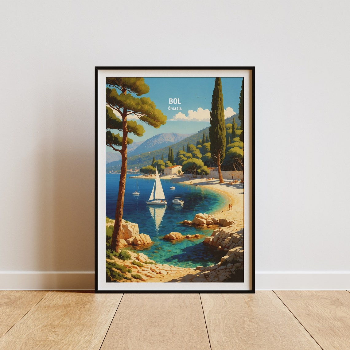 Bol Croatia Adriatic Cove Sailboats Pine Trees View Beach Poster