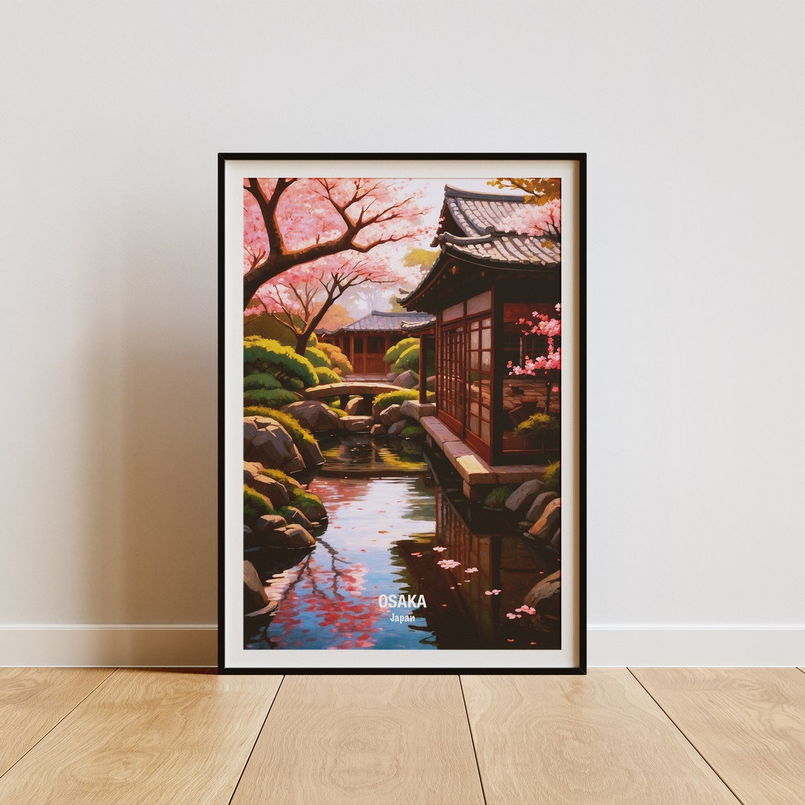 Osaka Cherry Blossom Temple Garden Pond Japan Spring View Poster