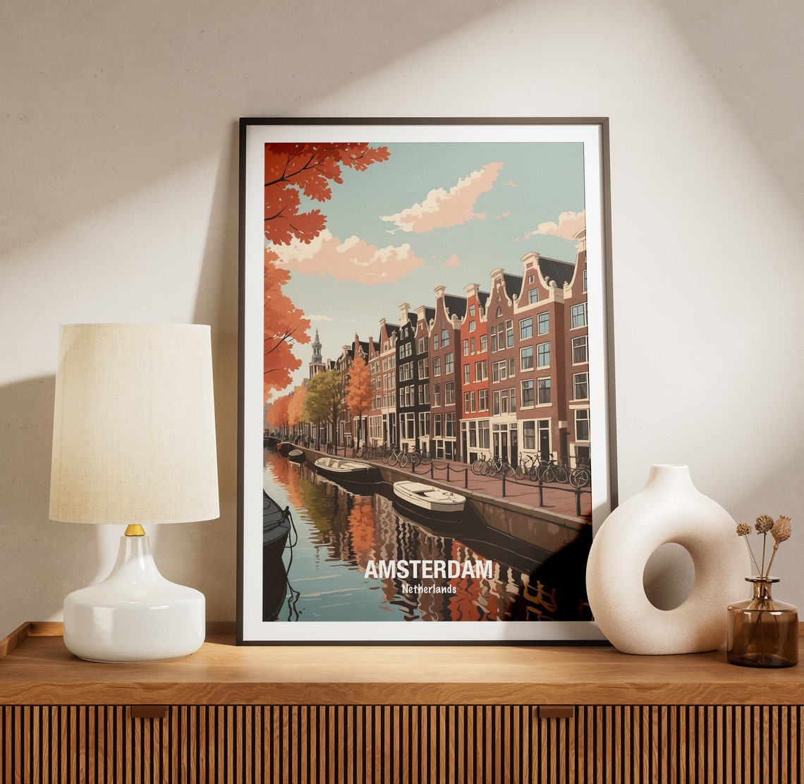 Amsterdam Netherlands Autumn Canal Houseboats Golden Glow Poster - Image 3