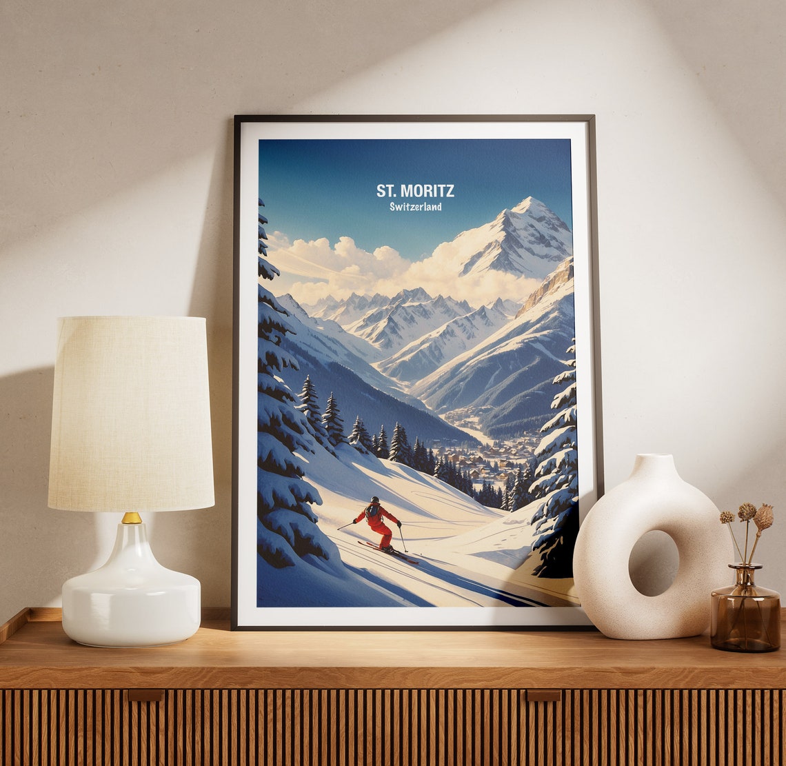St Moritz Switzerland Alpine Skier Powder Slope Peaks Poster - Image 3