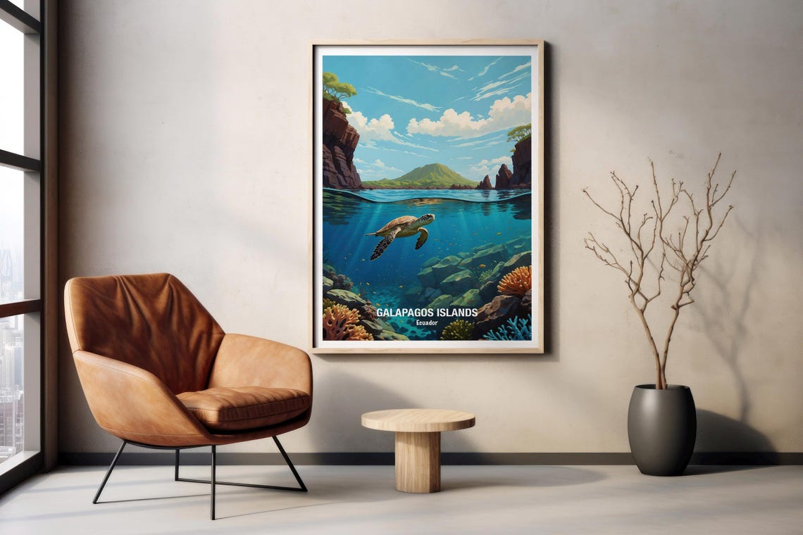 Galapagos Islands Sea Turtle Over Coral Reef Ecuador Art Poster - Image 2