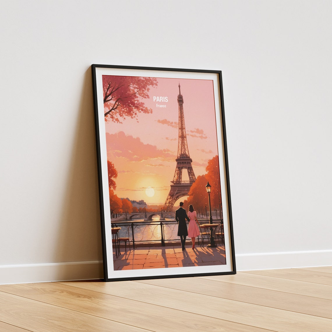 Paris Eiffel Tower Pink Sunset Riverside Couple Evening Walk Poster - Image 5