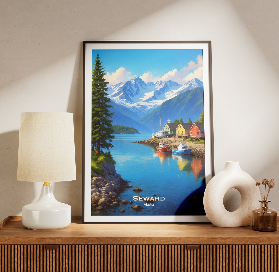 Seward Alaska Harbor Boats Snowy Mountains Sunset Fjord Poster - Image 3