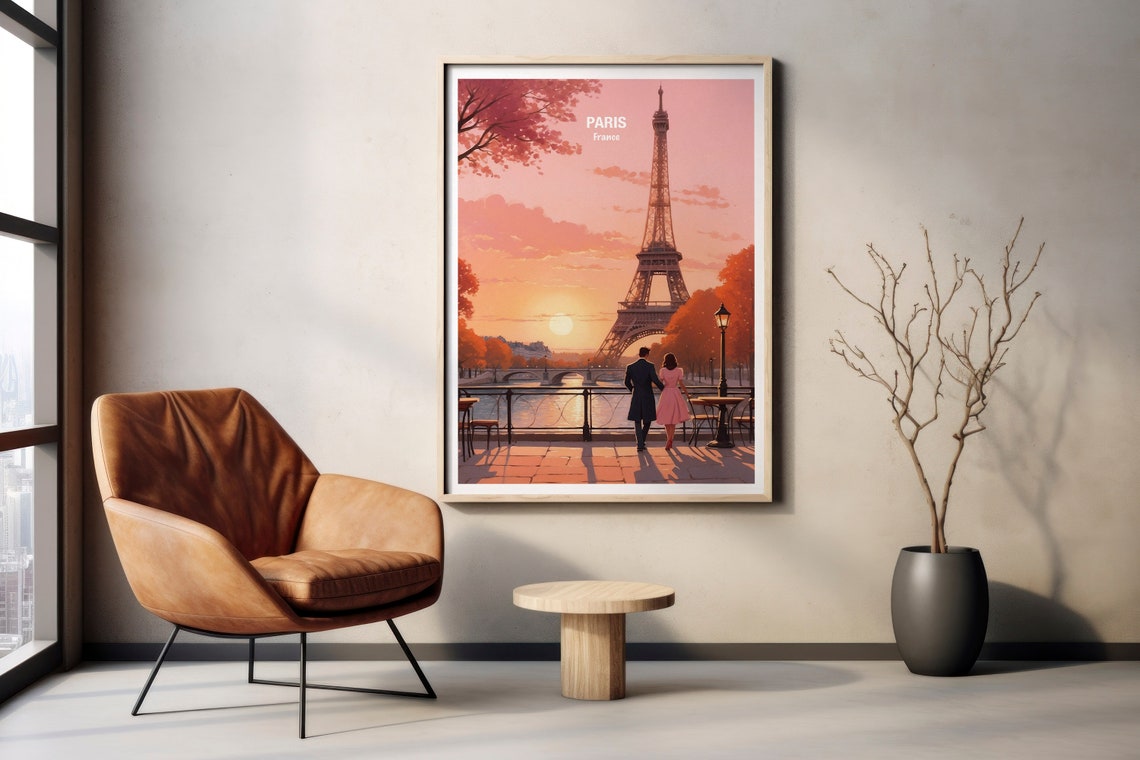 Paris Eiffel Tower Pink Sunset Riverside Couple Evening Walk Poster - Image 2