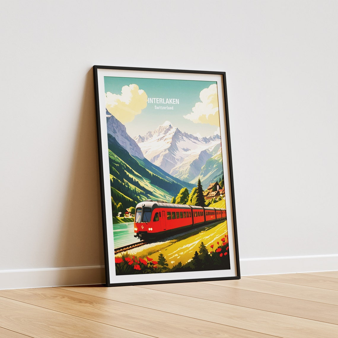 Interlaken Red Swiss Train Through Alpine Valley Travel Poster - Image 5