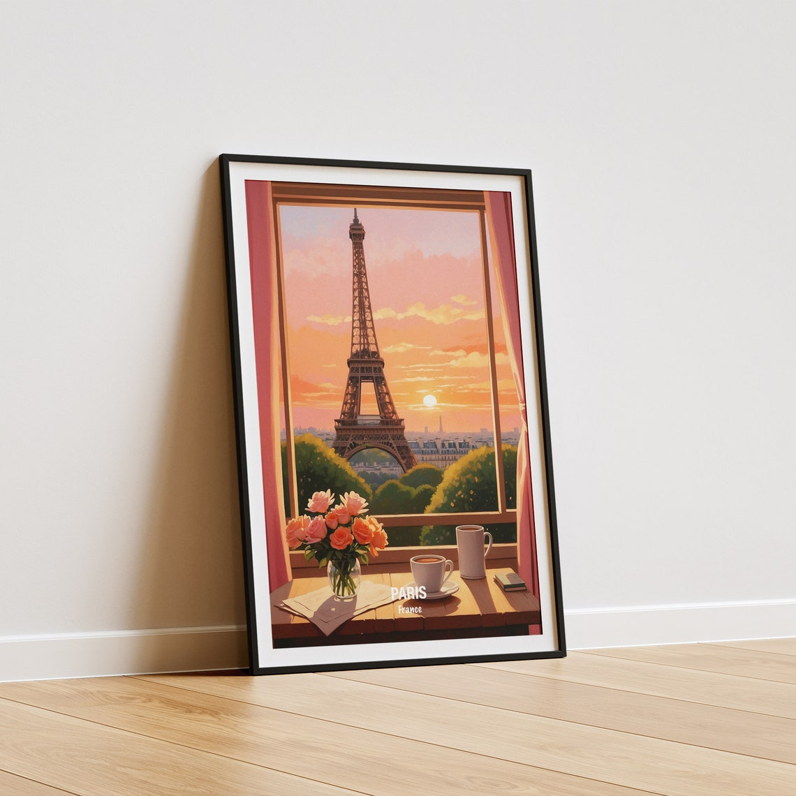 Paris Eiffel Tower Window View Coffee Cups Roses Sunrise Poster - Image 5