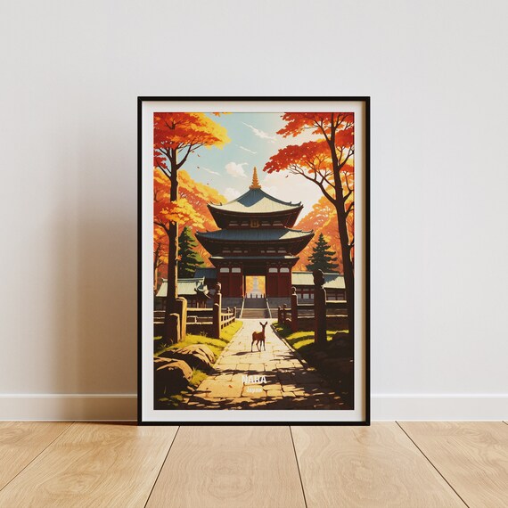 Nara Deer Park Autumn Temple Gate Japan Wildlife Travel Poster