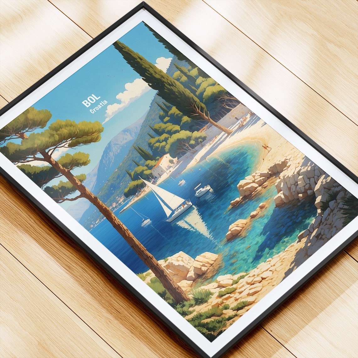 Bol Croatia Adriatic Cove Sailboats Pine Trees View Beach Poster - Image 4