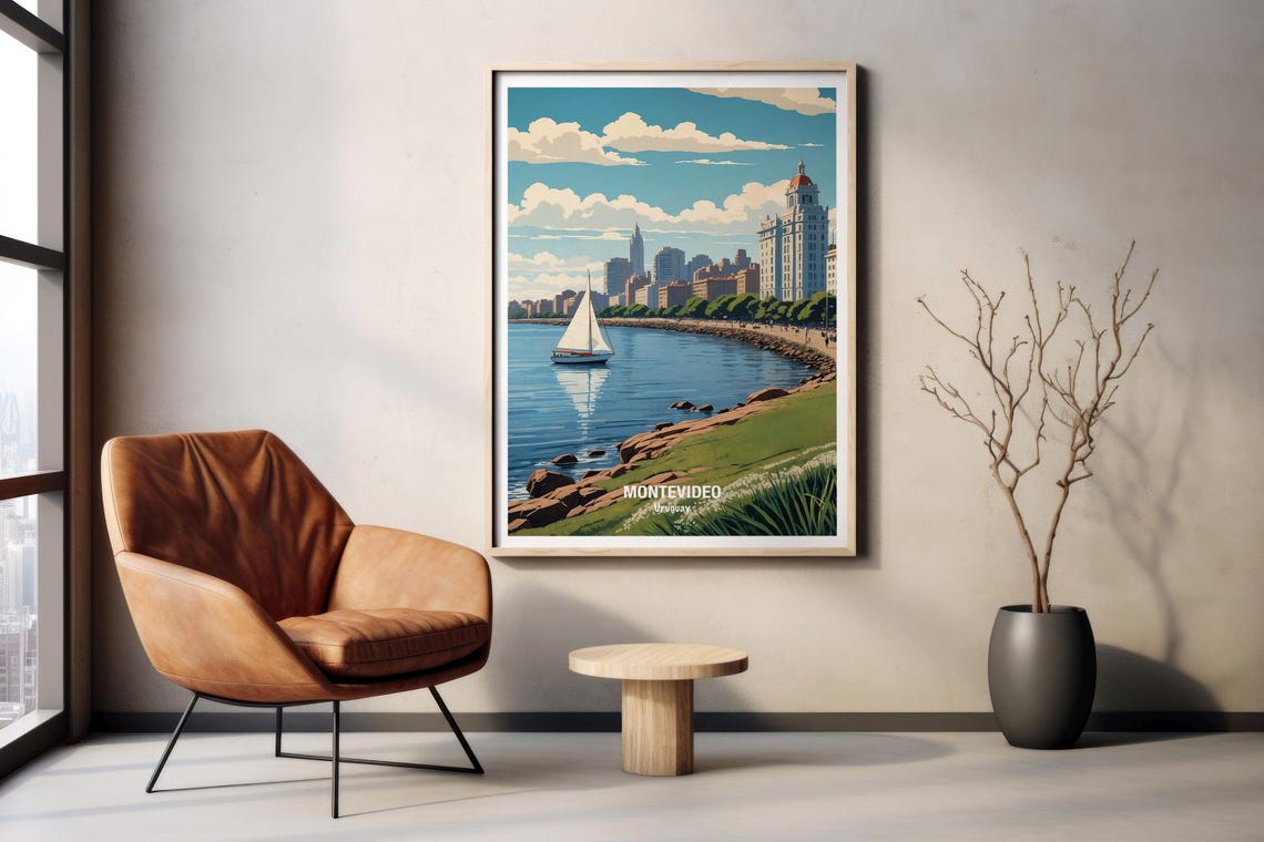 Montevideo Uruguay Waterfront Skyline Sailboat Rambla View Poster - Image 2