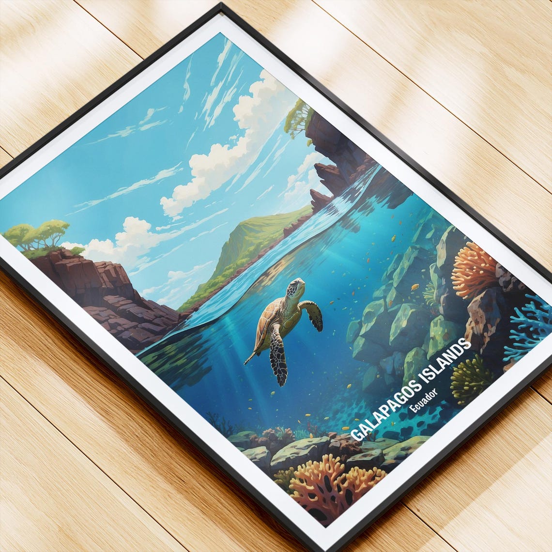 Galapagos Islands Sea Turtle Over Coral Reef Ecuador Art Poster - Image 4