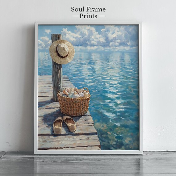 Coastal Cottage Seashell Basket Print Sunny Dock Nautical Summer Art