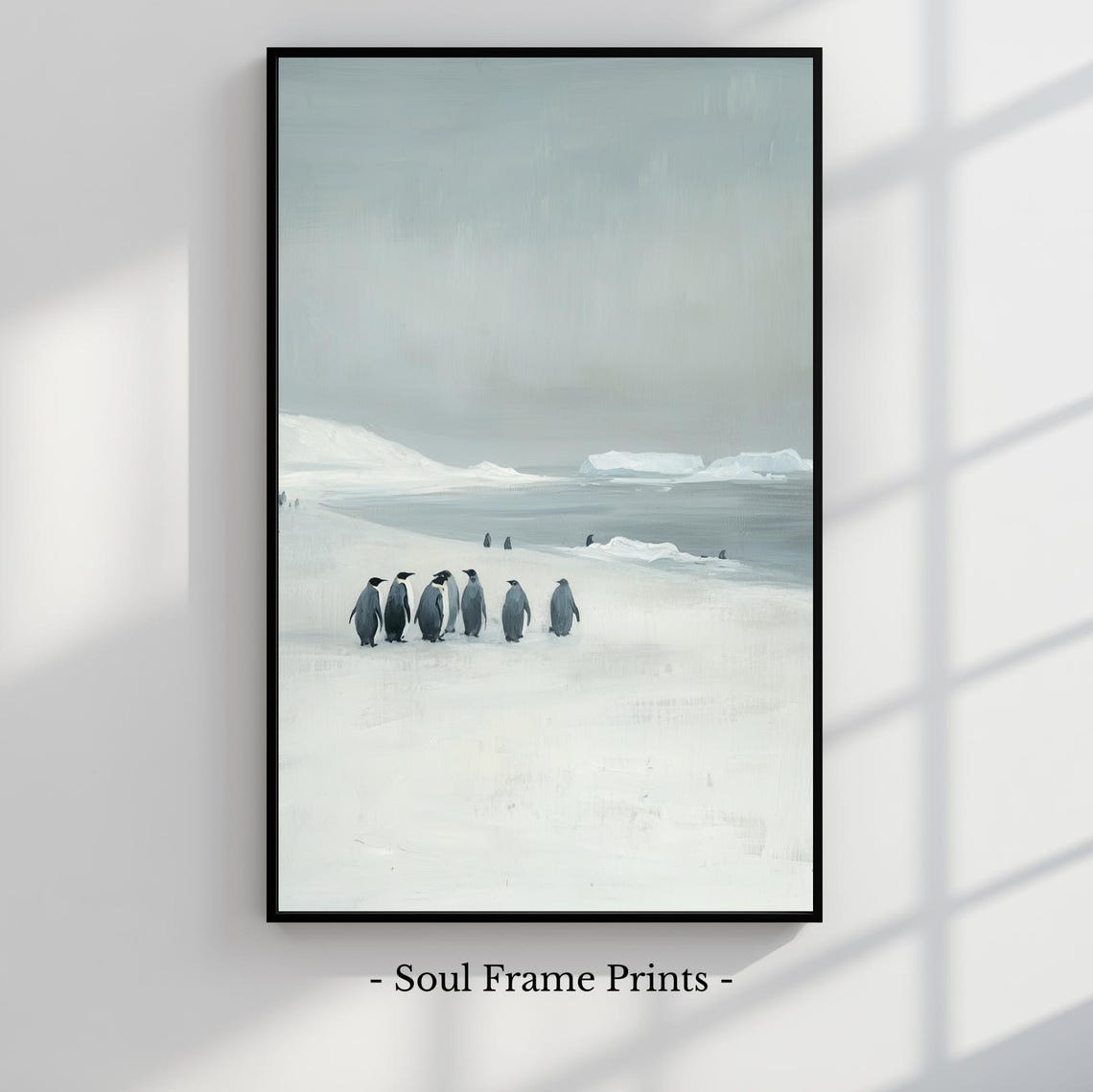 Penguins On Snowy Antarctic Shore Painting Poster Minimalist Winter