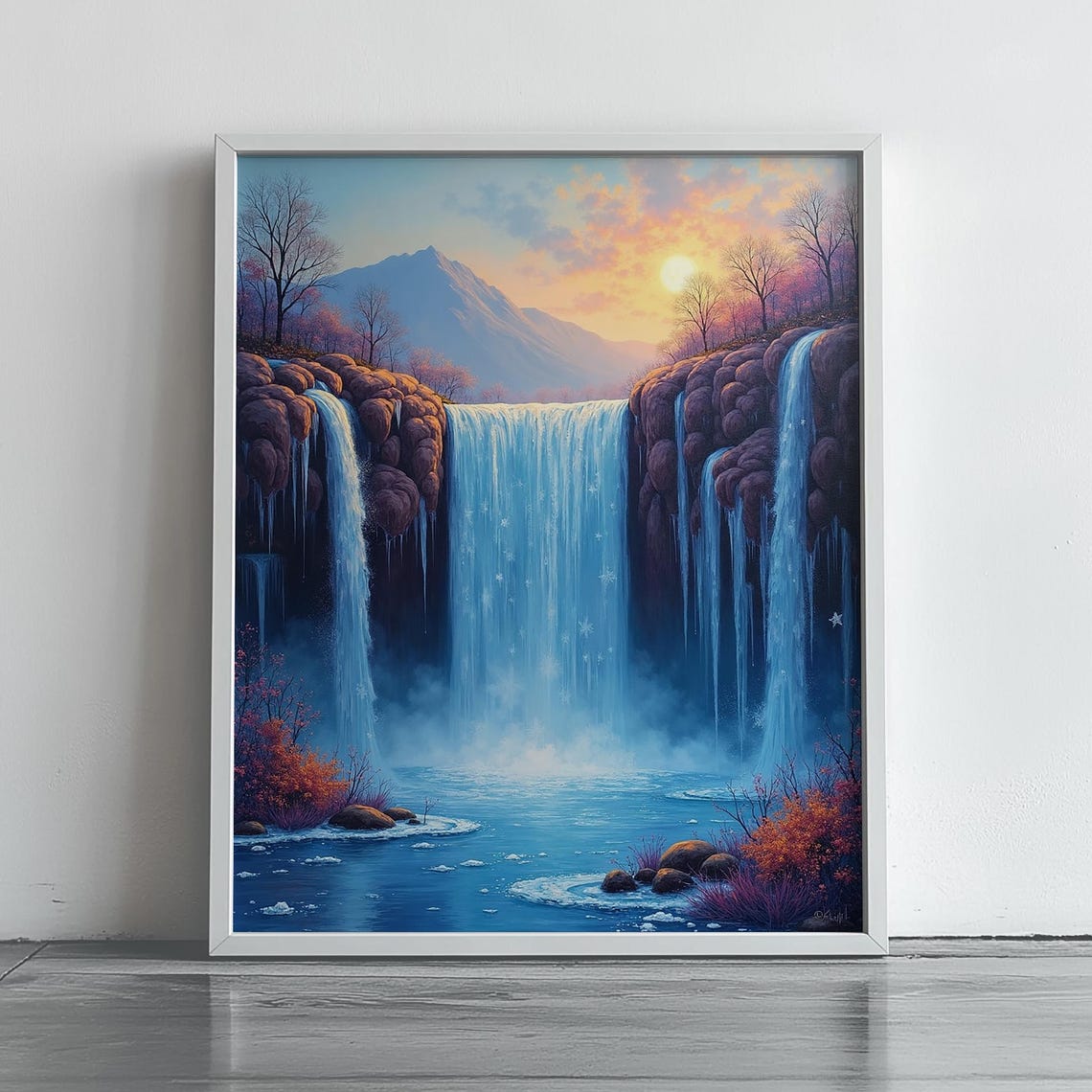Frozen Waterfall Winter Sunset Mountain Fantasy Scene Wall Art