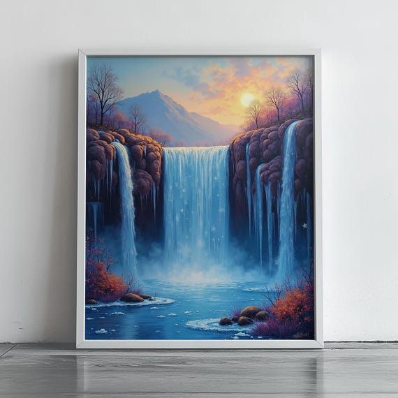 Magical Winter Waterfall Wall Art Dreamy Snow Landscape Print Sunset Mountain Peaceful Nature Fantasy Decor Poster 204