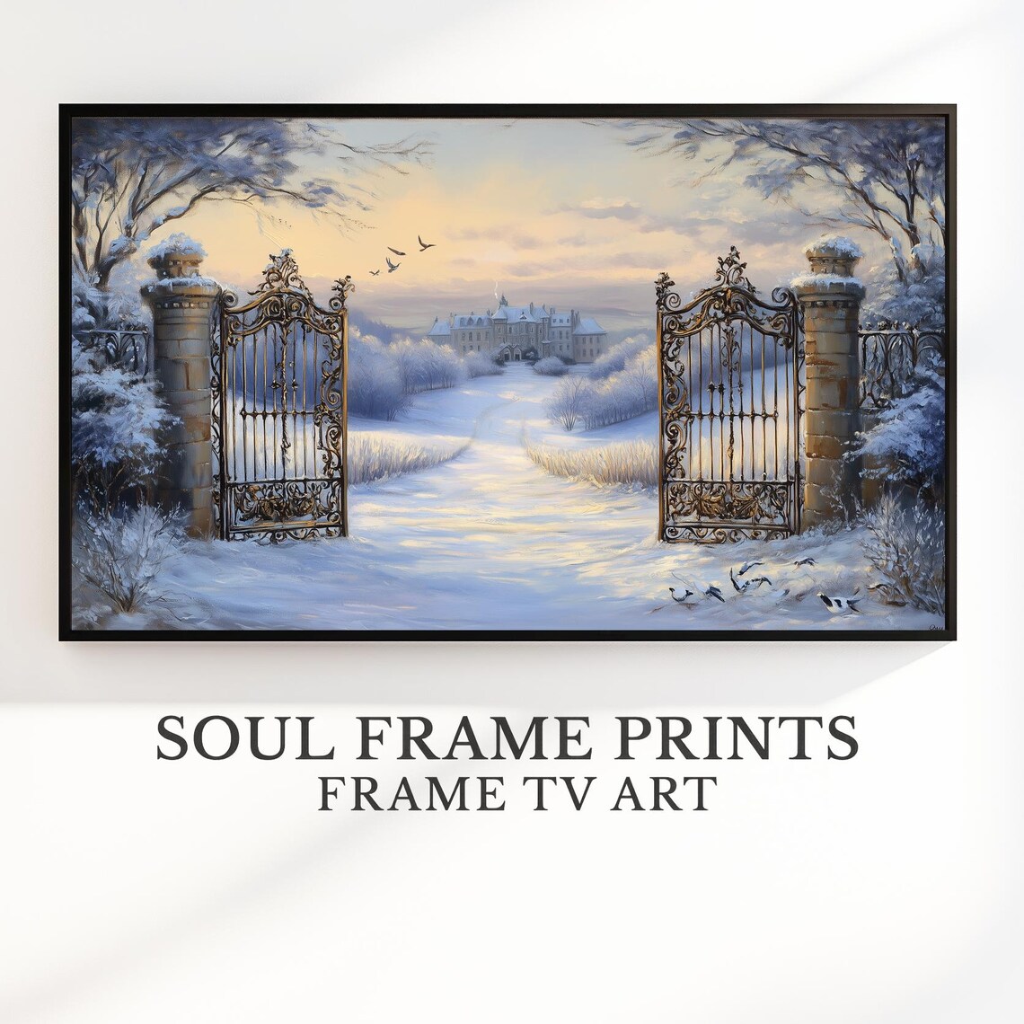 Snowy Manor Estate With Iron Gates Peaceful Winter Landscape Poster